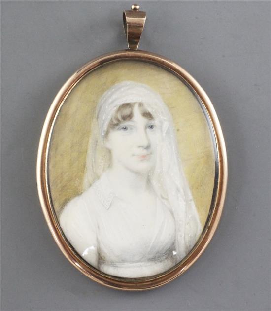 Early 19th century English School Miniature portrait of a bride 2.5 x 1.75in.